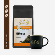 A cup featuring the logo, with Kona blend coffee packaging and dark roast rating