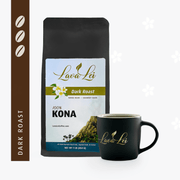 A cup featuring the Lava Lei logo alongside the packaging of Lava Lei Dark Roast Coffee, accompanied by its dark roast rating