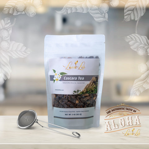 Lava Lei Cascara Tea. Text: 'The Authentic Taste of Aloha